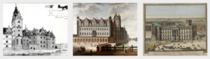 Vortrag-Berliner-Schloss-Eva-Kino v.l.n.r.: Berliner Schloss um 1500, Rekonstruktionsversuch von Albert Geyer; Berliner Schloss vor 1690, Gemälde von Abraham Jansz. Begeyn; Berliner Schloss 1702, Zeichnung von Peter Schenk der Ältere
